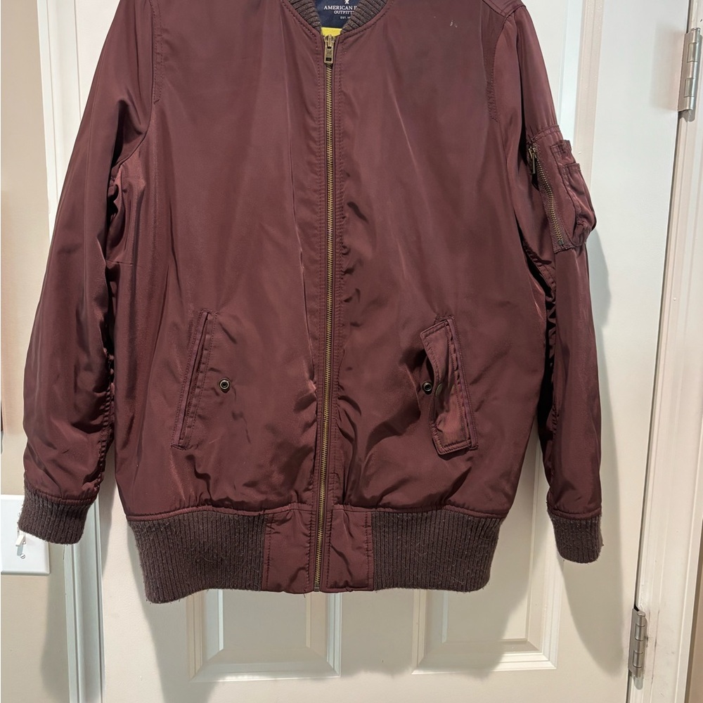 American Eagle Outfitters Brown Bomber Jacket with Stand-Up Collar